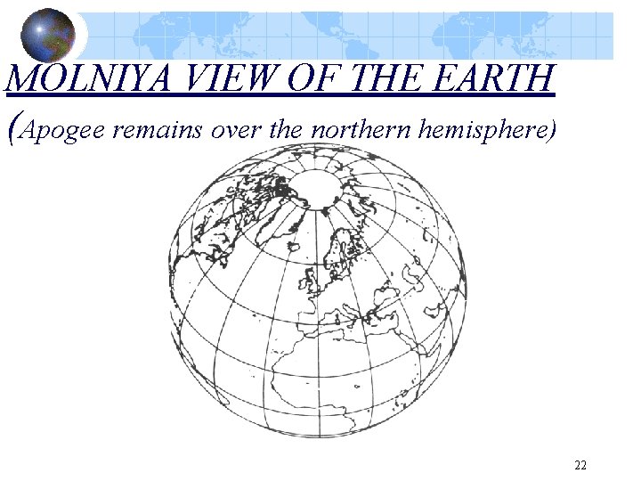 MOLNIYA VIEW OF THE EARTH (Apogee remains over the northern hemisphere) 22 