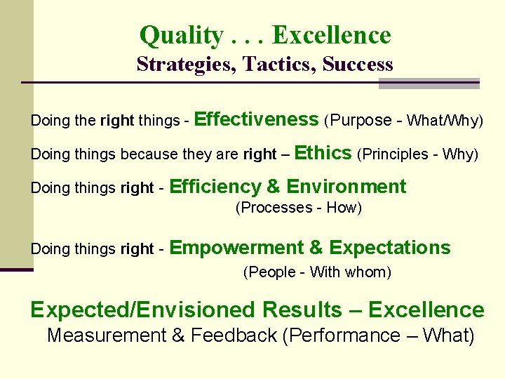 Quality. . . Excellence Strategies, Tactics, Success Doing the right things - Effectiveness (Purpose