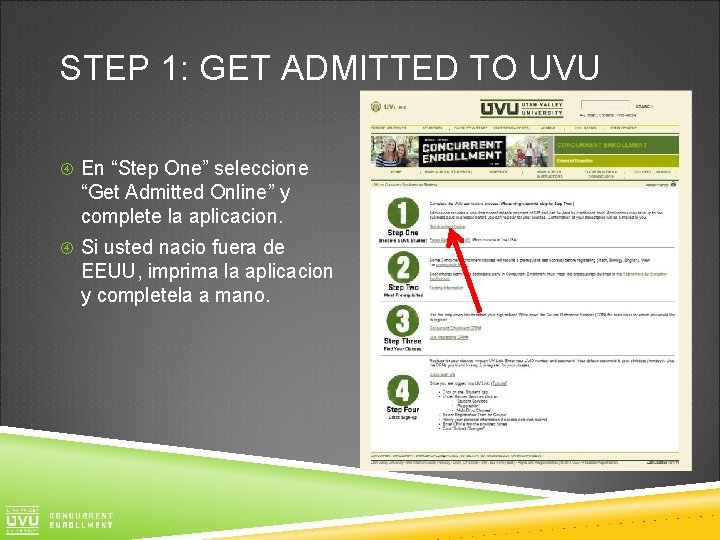 STEP 1: GET ADMITTED TO UVU En “Step One” seleccione “Get Admitted Online” y