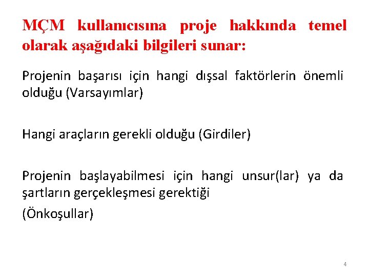 MÇM kullanıcısına proje hakkında temel olarak aşağıdaki bilgileri sunar: Projenin başarısı için hangi dışsal