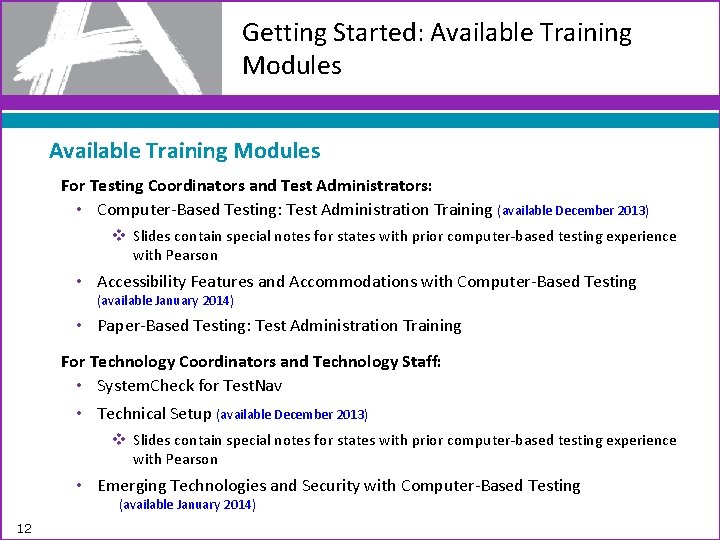 Getting Started: Available Training Modules For Testing Coordinators and Test Administrators: • Computer-Based Testing: