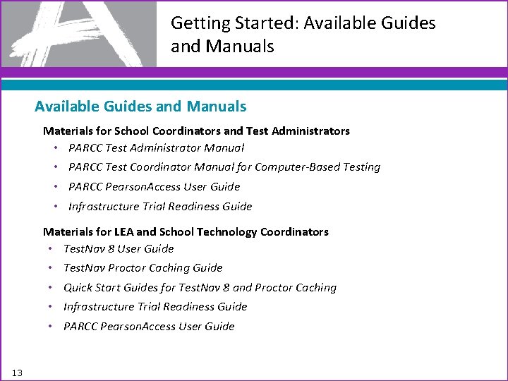 Getting Started: Available Guides and Manuals Materials for School Coordinators and Test Administrators •