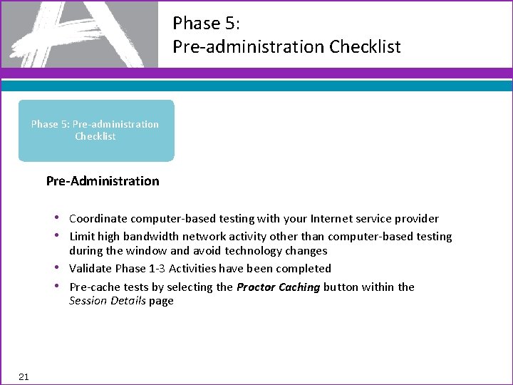 Phase 5: Pre-administration Checklist Pre-Administration • Coordinate computer-based testing with your Internet service provider