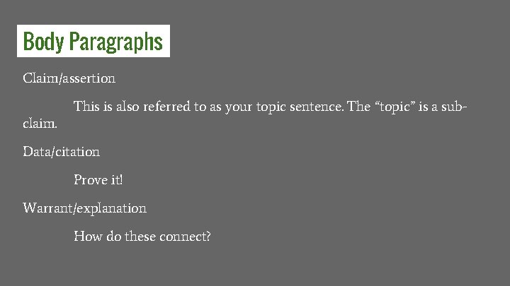 Body Paragraphs Claim/assertion claim. This is also referred to as your topic sentence. The
