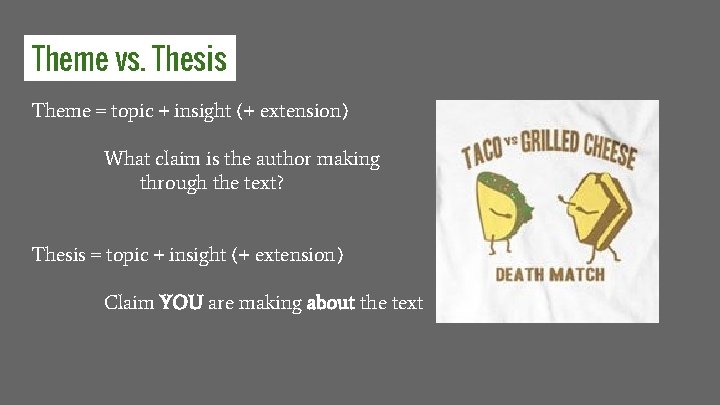 Theme vs. Thesis Theme = topic + insight (+ extension) What claim is the