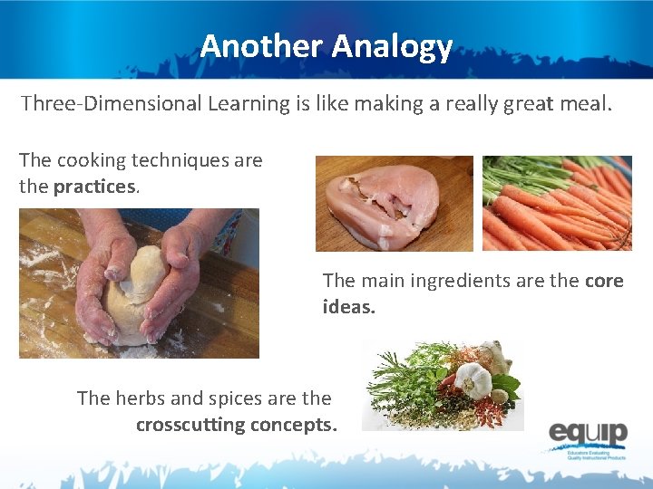 Another Analogy Three-Dimensional Learning is like making a really great meal. The cooking techniques