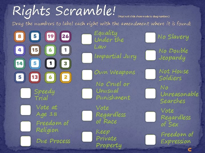 Rights Scramble! (Must exit slide show mode to drag numbers) Drag the numbers to Rights Scramble! (Must exit slide show mode to drag numbers) Drag the numbers to