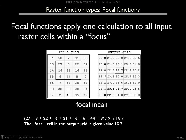 ESRM 250 & CFR 520: Introduction to GIS Raster function types: Focal functions apply