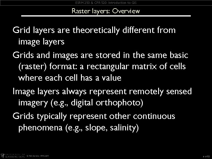 ESRM 250 & CFR 520: Introduction to GIS Raster layers: Overview Grid layers are