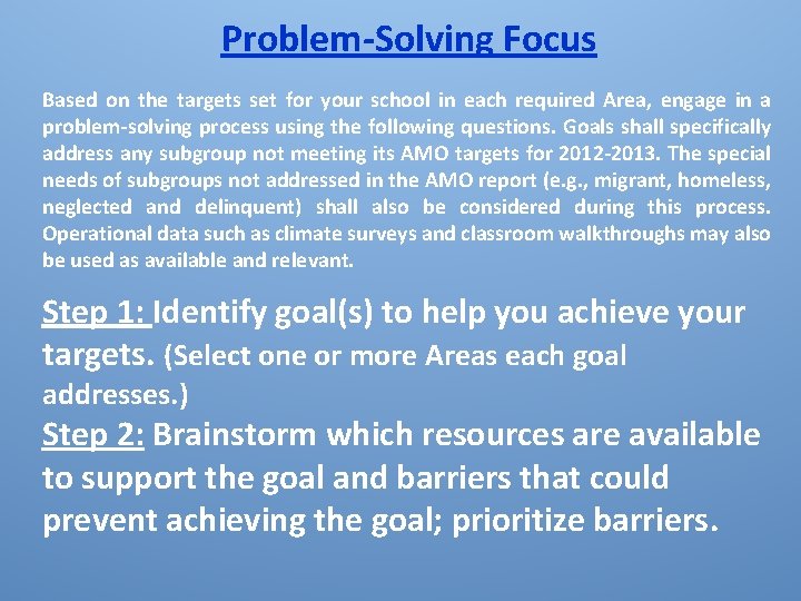 Problem-Solving Focus Based on the targets set for your school in each required Area,