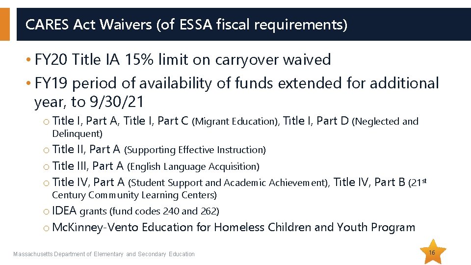 CARES Act Waivers (of ESSA fiscal requirements) • FY 20 Title IA 15% limit