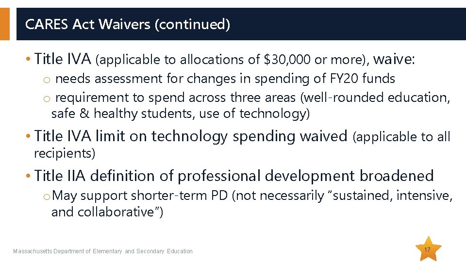 CARES Act Waivers (continued) • Title IVA (applicable to allocations of $30, 000 or