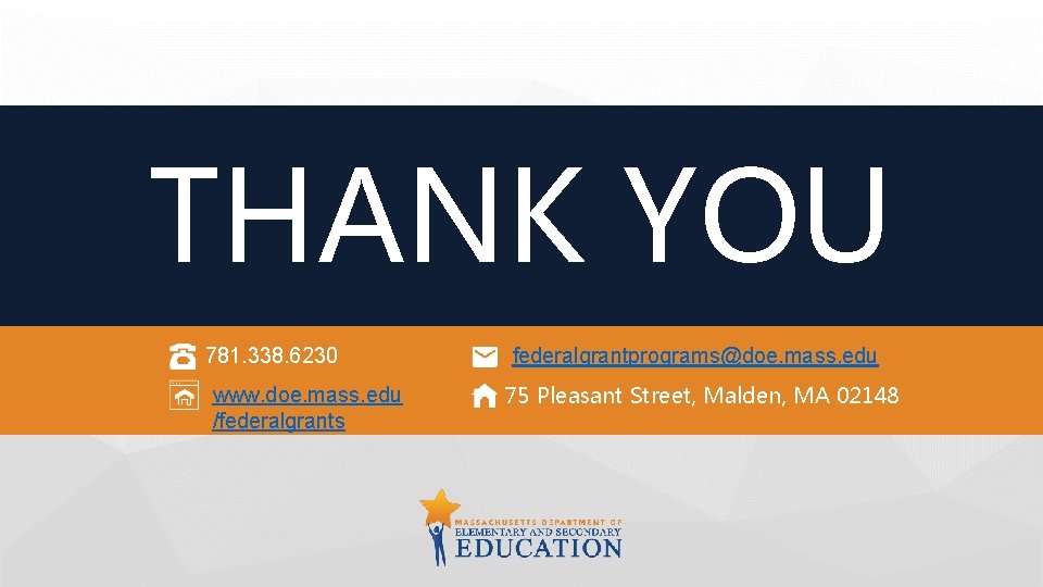 THANK YOU 781. 338. 6230 www. doe. mass. edu /federalgrants federalgrantprograms@doe. mass. edu 75