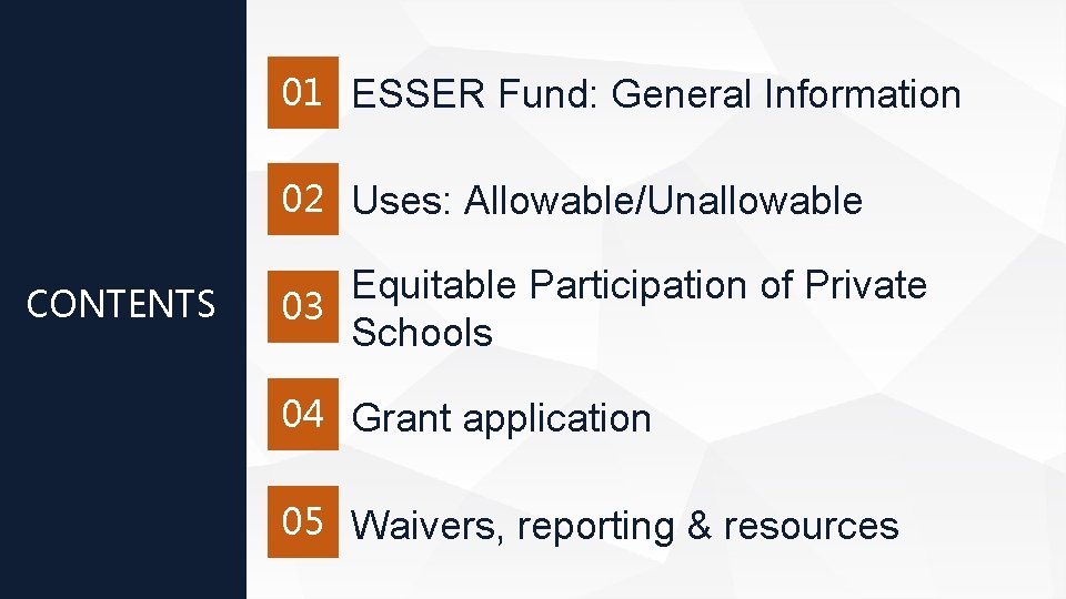 01 ESSER Fund: General Information 02 Uses: Allowable/Unallowable CONTENTS Equitable Participation of Private 03