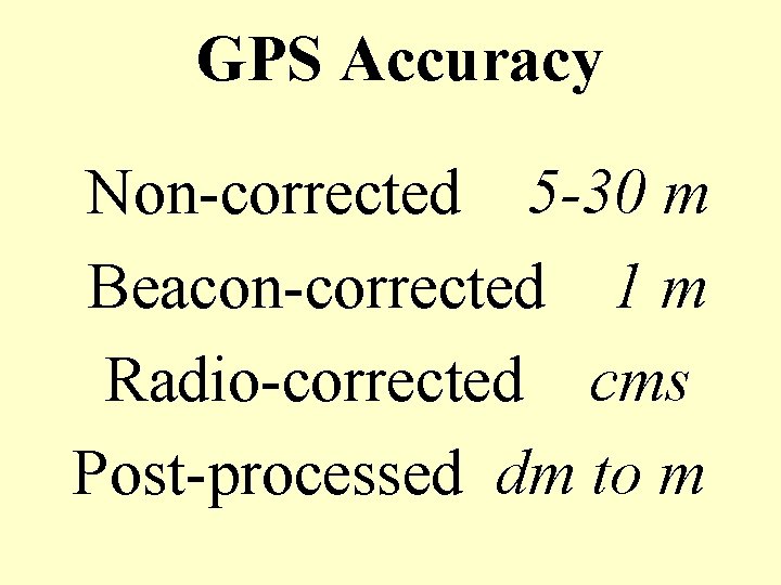 GPS Accuracy Non-corrected 5 -30 m Beacon-corrected 1 m Radio-corrected cms Post-processed dm to