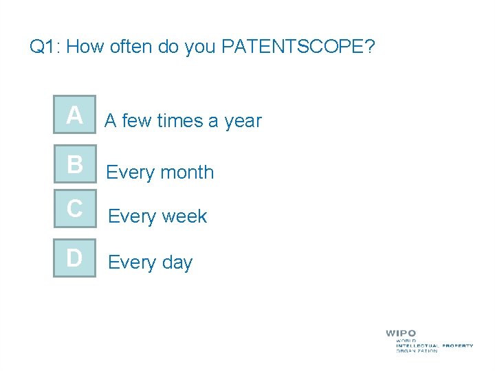 Q 1: How often do you PATENTSCOPE? A A few times a year B
