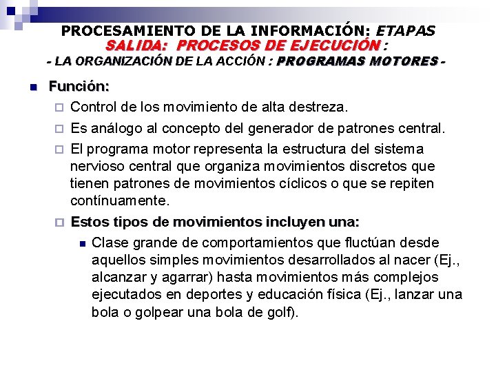 PROCESAMIENTO DE LA INFORMACIÓN: ETAPAS SALIDA: PROCESOS DE EJECUCIÓN : - LA ORGANIZACIÓN DE