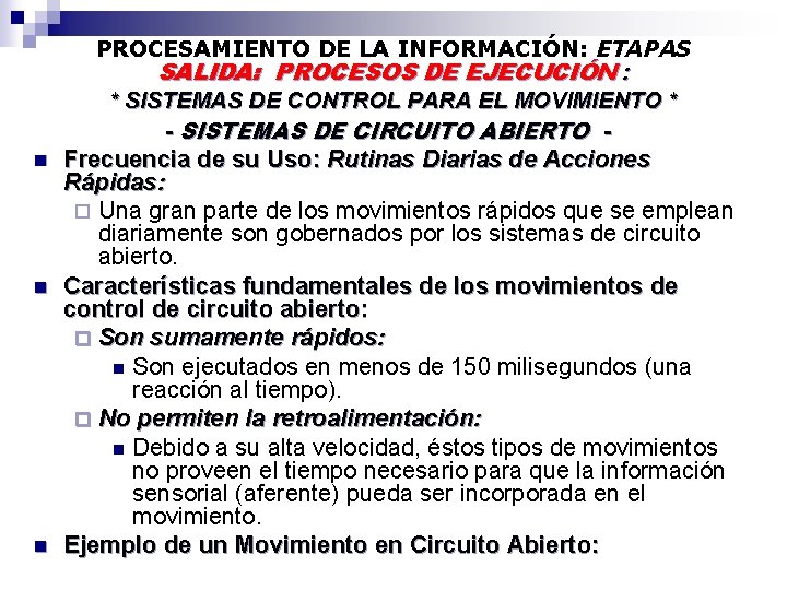 PROCESAMIENTO DE LA INFORMACIÓN: ETAPAS SALIDA: PROCESOS DE EJECUCIÓN : * SISTEMAS DE CONTROL