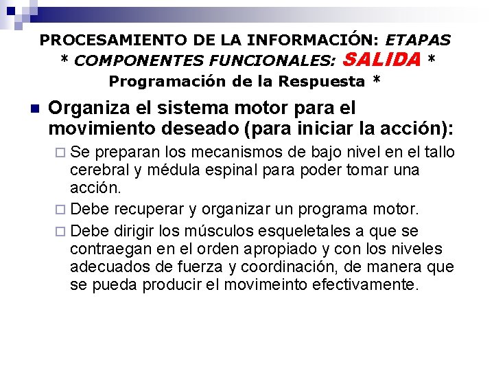 PROCESAMIENTO DE LA INFORMACIÓN: ETAPAS * COMPONENTES FUNCIONALES: SALIDA * Programación de la Respuesta