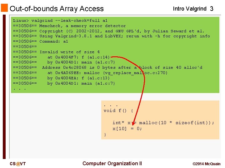 Out-of-bounds Array Access Intro Valgrind 3 Linux> valgrind --leak-check=full a 1 ==30506== Memcheck, a