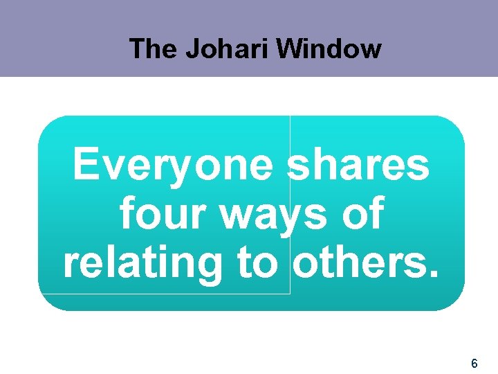 The Johari Window Everyone shares four ways of relating to others. 6 