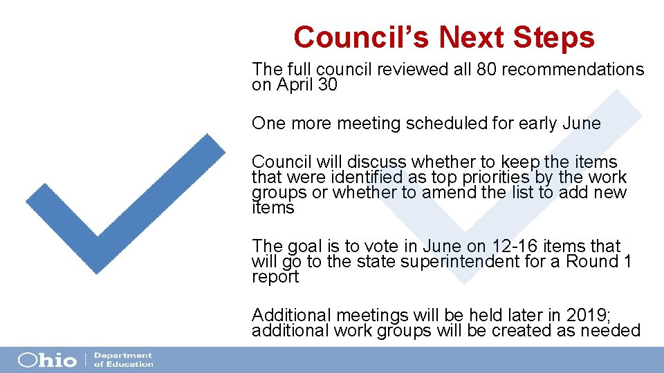Council’s Next Steps The full council reviewed all 80 recommendations on April 30 One Council’s Next Steps The full council reviewed all 80 recommendations on April 30 One