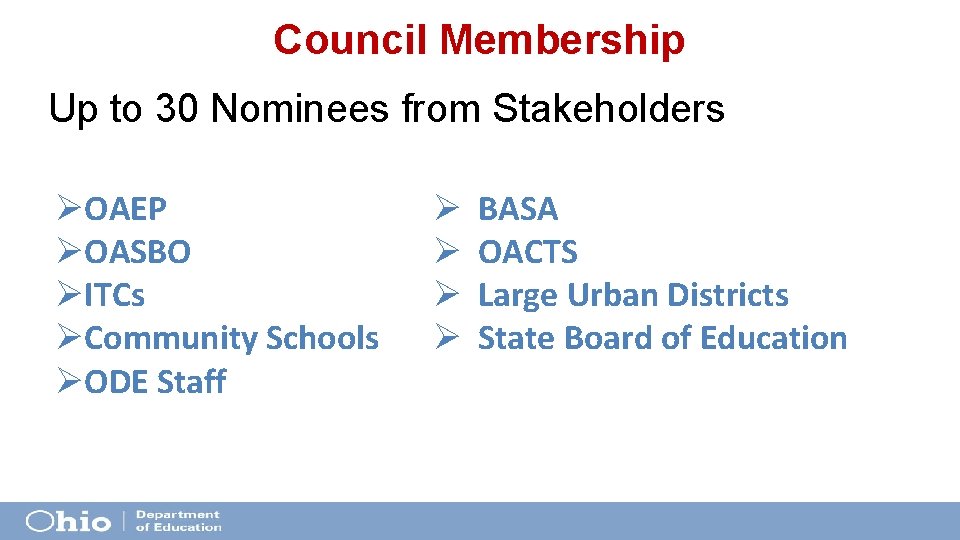 Council Membership Up to 30 Nominees from Stakeholders ØOAEP ØOASBO ØITCs ØCommunity Schools ØODE Council Membership Up to 30 Nominees from Stakeholders ØOAEP ØOASBO ØITCs ØCommunity Schools ØODE
