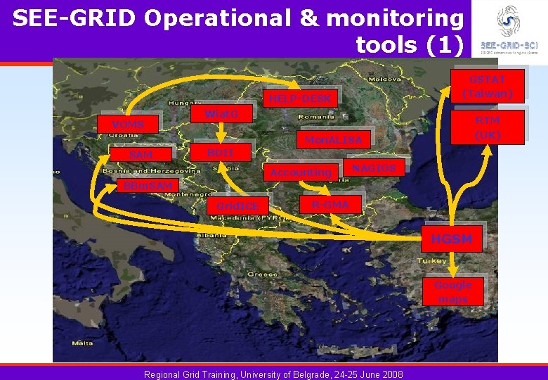 SEE-GRID Operational & monitoring tools (1) GSTAT (Taiwan) HELP-DESK Wiat. G VOMS RTM (UK)