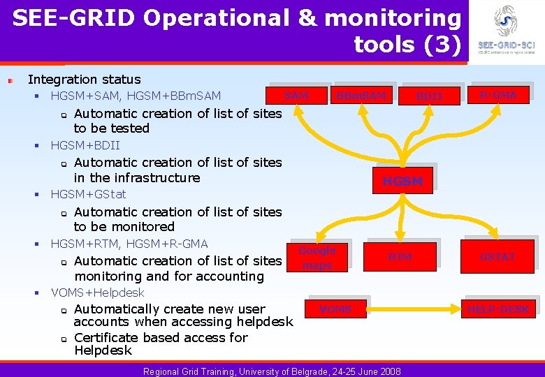 SEE-GRID Operational & monitoring tools (3) Integration status § HGSM+SAM, HGSM+BBm. SAM q BBm.