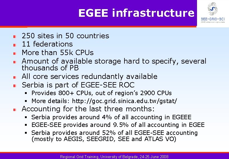 EGEE infrastructure 250 sites in 50 countries 11 federations More than 55 k CPUs