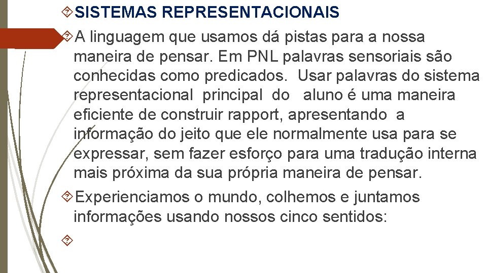  SISTEMAS REPRESENTACIONAIS A linguagem que usamos dá pistas para a nossa maneira de