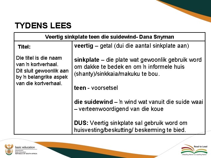 TYDENS LEES Veertig sinkplate teen die suidewind- Dana Snyman Titel: Die titel is die