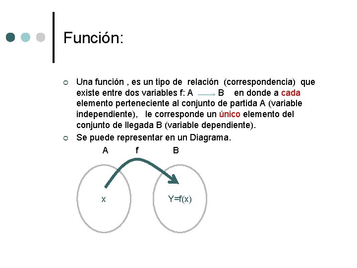 Función: ¢ ¢ Una función , es un tipo de relación (correspondencia) que existe
