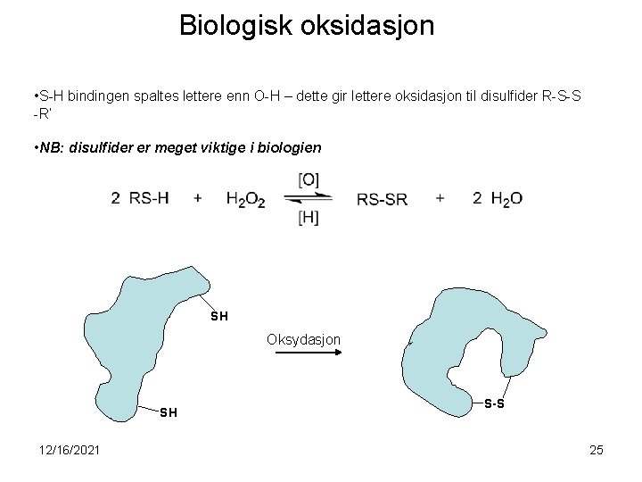 Biologisk oksidasjon • S-H bindingen spaltes lettere enn O-H – dette gir lettere oksidasjon