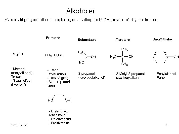 Alkoholer • Noen viktige generelle eksempler og navnsetting for R-OH (navnet på R-yl +