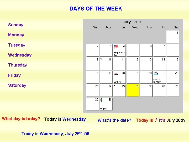 DAYS OF THE WEEK Sunday Monday Tuesday Wednesday Thursday Friday Saturday What day is