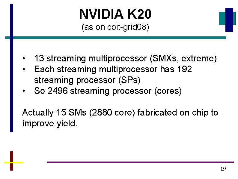 NVIDIA K 20 (as on coit-grid 08) • 13 streaming multiprocessor (SMXs, extreme) •