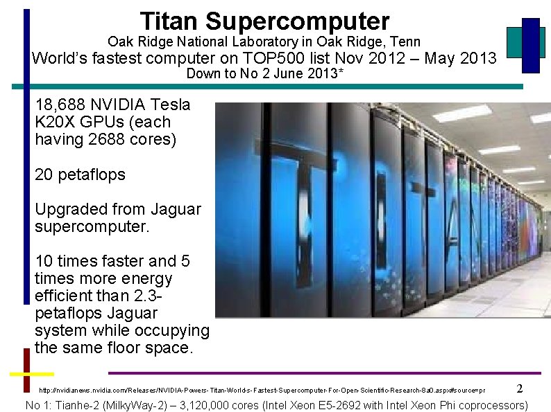 Titan Supercomputer Oak Ridge National Laboratory in Oak Ridge, Tenn World’s fastest computer on