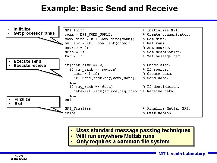 Example: Basic Send and Receive • Initialize • Get processor ranks • Execute send Example: Basic Send and Receive • Initialize • Get processor ranks • Execute send
