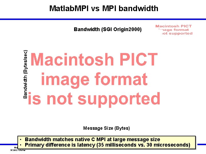 Matlab. MPI vs MPI bandwidth Bandwidth (Bytes/sec) Bandwidth (SGI Origin 2000) Message Size (Bytes) Matlab. MPI vs MPI bandwidth Bandwidth (Bytes/sec) Bandwidth (SGI Origin 2000) Message Size (Bytes)