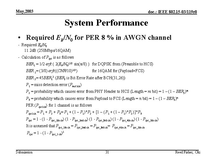 May, 2003 doc. : IEEE 802. 15 -03/119 r 0 System Performance • Required