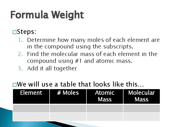 Formula Weight � Steps: 1. Determine how many moles of each element are in