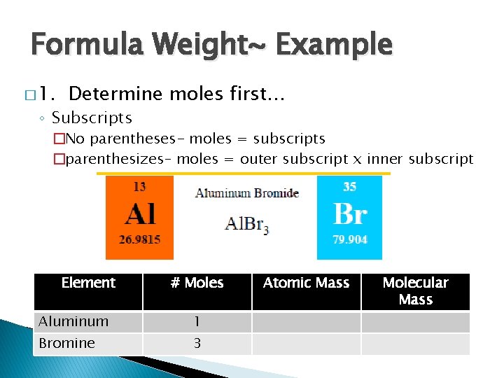 Formula Weight~ Example � 1. Determine moles first… ◦ Subscripts �No parentheses- moles =