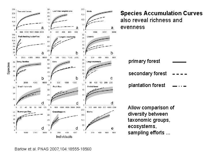 Species Accumulation Curves also reveal richness and evenness primary forest secondary forest plantation forest