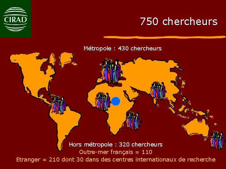 750 chercheurs Métropole : 430 chercheurs Hors métropole : 320 chercheurs Outre-mer français =