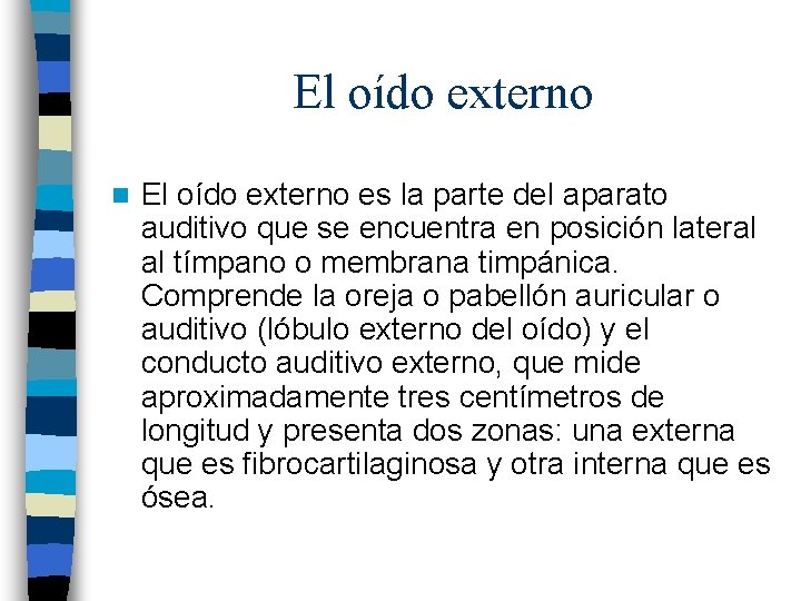 El oído externo n El oído externo es la parte del aparato auditivo que