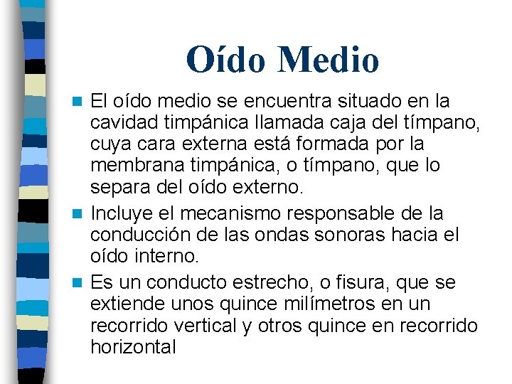 Oído Medio El oído medio se encuentra situado en la cavidad timpánica llamada caja