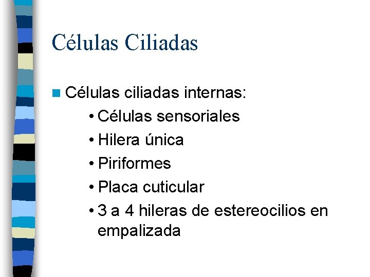 Células Ciliadas n Células ciliadas internas: • Células sensoriales • Hilera única • Piriformes