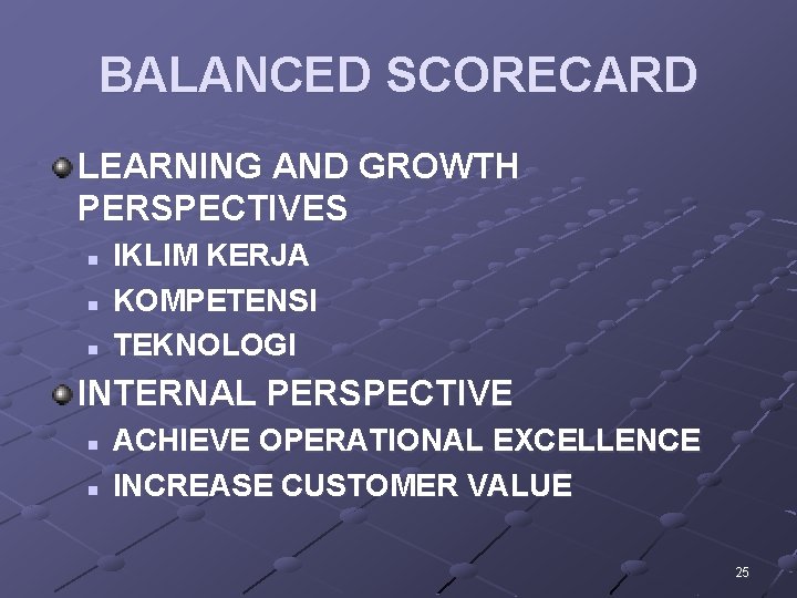 BALANCED SCORECARD LEARNING AND GROWTH PERSPECTIVES n n n IKLIM KERJA KOMPETENSI TEKNOLOGI INTERNAL