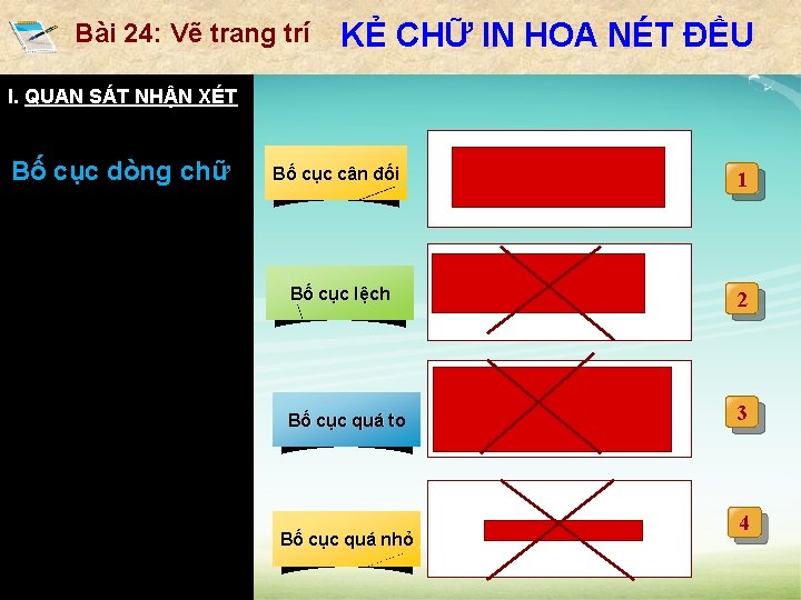 Bài 24: Vẽ trang trí KẺ CHỮ IN HOA NÉT ĐỀU I. QUAN SÁT